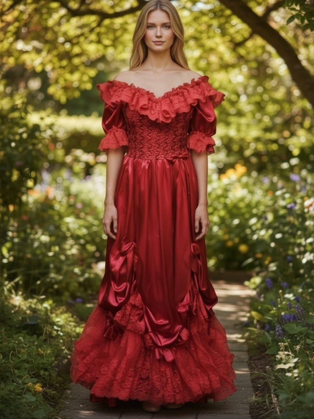 STUNNING Red Southern Bell Gown VTG 1970s By LORALIE Size 6